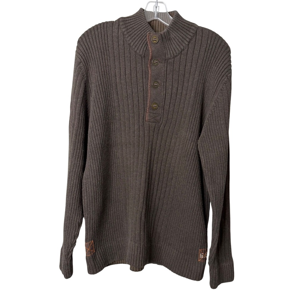 Eddie Bauer Sweater Mens XL Brown Ribbed Cotton Button Mock Neck Y2K Gorpcore